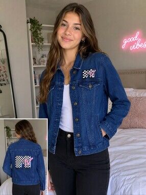 MTV Denim Jacket Juniors XL Y2K Graphic Logo Trucker Jean Jacket Blue Edgy Pop